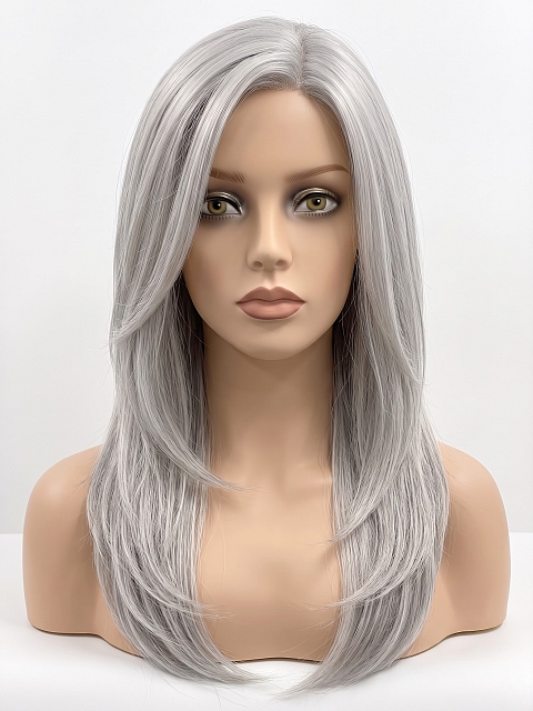 Glamvigor Hybrillia Blend Human Hair Light Grey long layered PRE-CUT Lace Part Wig GLP073