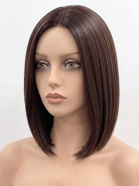 Glamvigor Hybrillia Blend Human Hair Dark Brown base with Light Reddish Brown highlights shoulder-length PRE-CUT Lace Part Wig GLP076