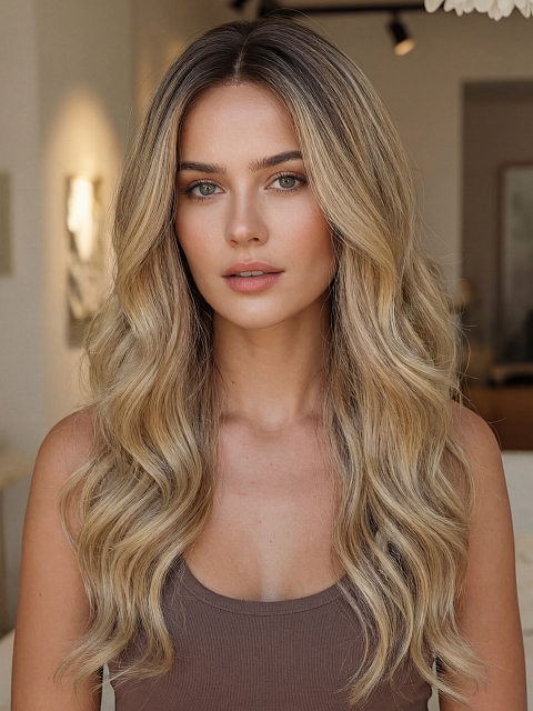 Glamvigor Hybrillia™ Blend Human Hair Blonde ombre long layered loose wavy Lace Part Wig GLP062