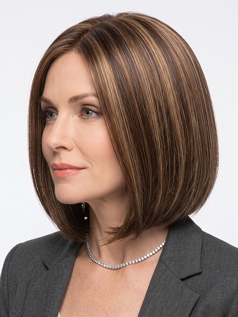 Glamvigor Hybrillia Blend Human Hair Stunning Medium Brown With Ginger Red Highlights medium bob haircut  Mono TOP Wig GMT005