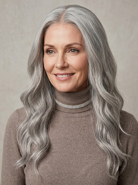 Glamvigor Hybrillia™ Blend Human Hair Exquisite grey wavy long-length  Lace Part Wig GLP013