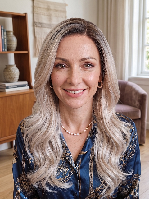 Glamvigor Hybrillia™ Blend Human Hair Cool Platinum Blonde with Dark Roots  long layered PRE-CUT Lace Part Wig GLP074