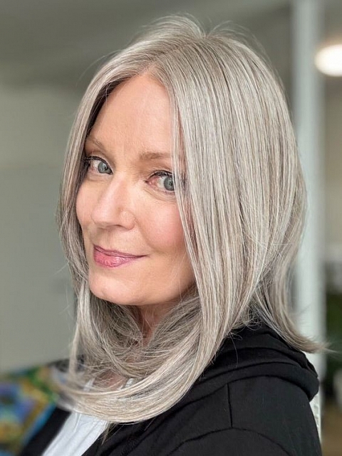 Luxury Light Brown with 75% Grey Blend with Soft White Tips shoulder length Synthetic Mono TOP Wig GMT002