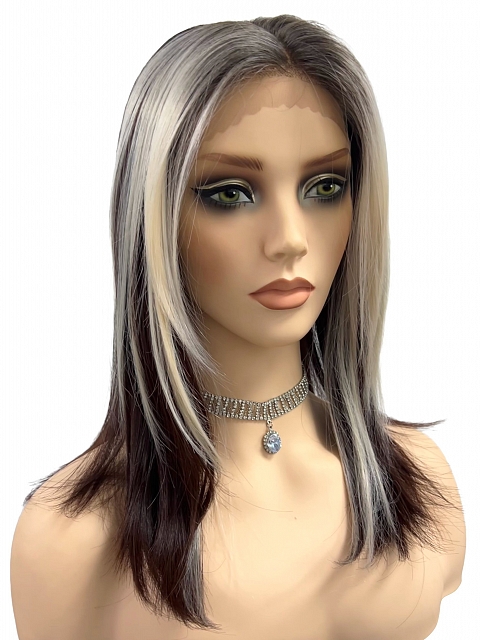 Dark red-brown mix white blonde  Straight synthetic  Lace Part Wig GLP054