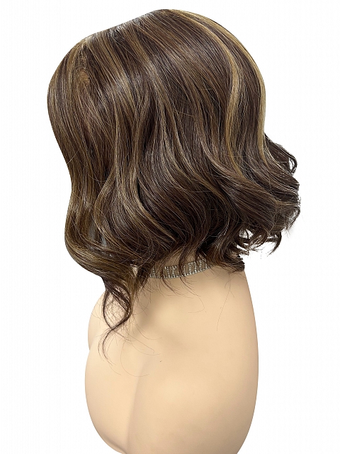 Brown with Medium Red-Gold Blonde Highlights  carefree wavy layered Synthetic Lace Part Wig GLP044