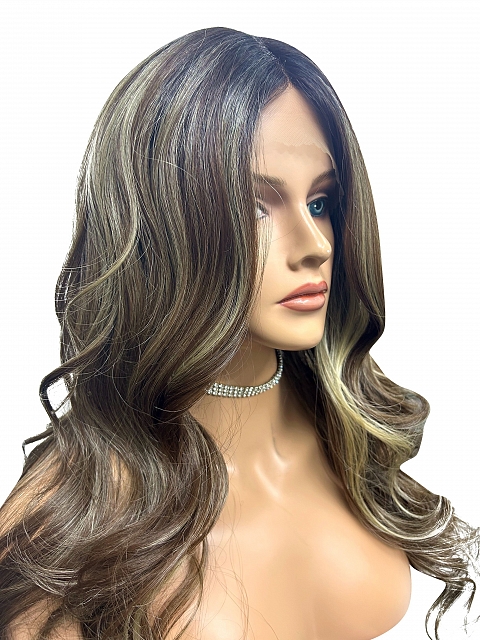 Gorgeous Brown with Light Honey Blonde Highlights and Dark Roots long bouncy barrel curls  Synthetic Lace Part Wig GLP015