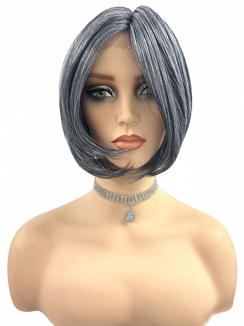 Black mixed silver short bob Synthetic Lace Part Wig GLP050
