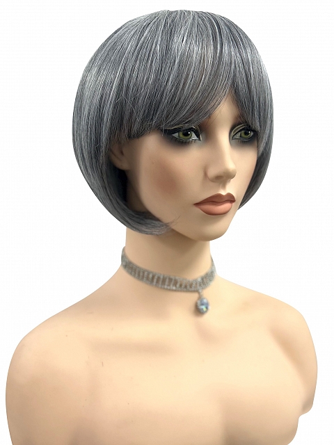 Perfect 80% black mixed 20% white Blended chin length bob with full bangs ynthetic Wig (Basic Cap) GBC024
