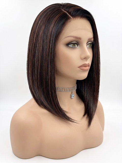 Glamvigor Hybrillia Blend Human Hair Soft Black with Gold-Red Highlights shoulder-length bob Lace Part Wig GLP031