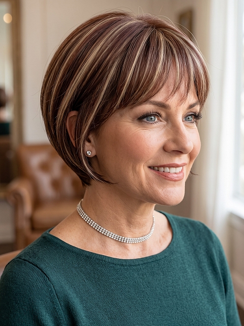 Glamvigor Hybrillia™ Blend Human Hair Trendy Medium Auburn  with Blonde Highlights Short  bob with bangs Wig (Basic Cap) GBC005