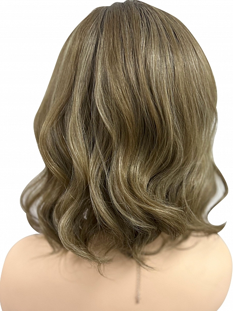 Medium Brown base with Light Golden Blonde highlights loose beach wavy synthetic Lace Part  wig glp041