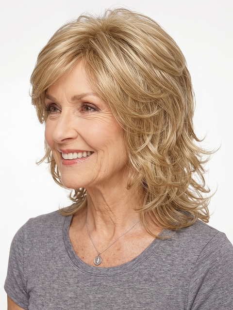 Glamvigor Hybrillia Blend Human Hair Dark Blonde Evenly Blended with Pale Blonde Highlights and Dark Roots mid-length shag with layered Wig (Basic Cap) GBC020