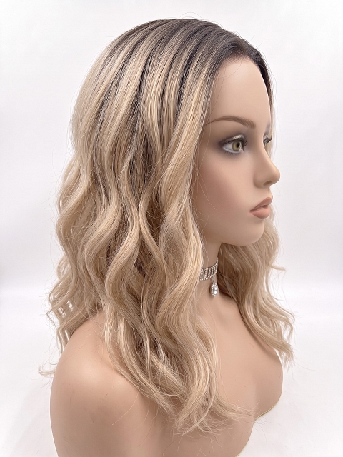 Glamvigor Hybrillia Blend Human Hair Warm Blonde with Dark Roots layered PRE-CUT Lace Part Wig GLP084