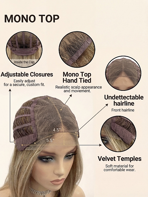 Glamvigor Hybrillia™ Blend Human Hair Luxury Light Brown with 75% Grey Blend with Soft White Tips shoulder length  Mono TOP Wig GMT002