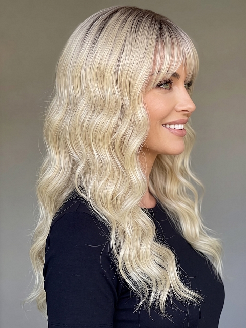 Glamvigor Hybrillia Blend Human Hair Milkshake Blonde ombre long layered wavy with Bangs Wig (Basic Cap) GBC025