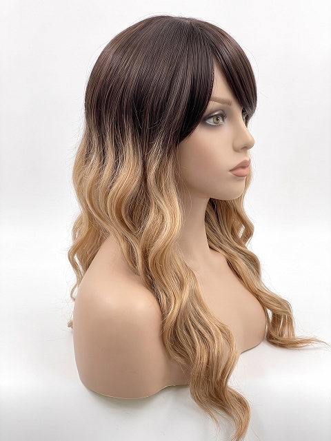 Glamvigor Hybrillia Blend Human Hair long blonde ombre layered wavy with Bangs Lace Part Wig GLP082