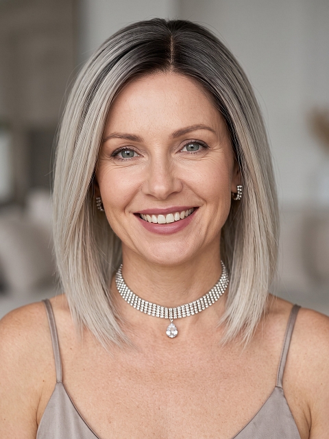  Glamvigor Hybrillia Blend Human Hair ICED BLONDE WITH Dark Roots Straight PRE-CUT Lace Part Wig GLP078