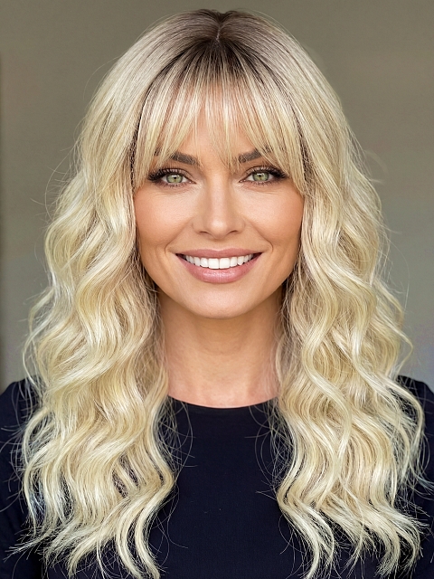 Glamvigor Hybrillia™ Blend Human Hair Milkshake Blonde ombre long layered wavy with Bangs Synthetic Wig (Basic Cap) GBC025