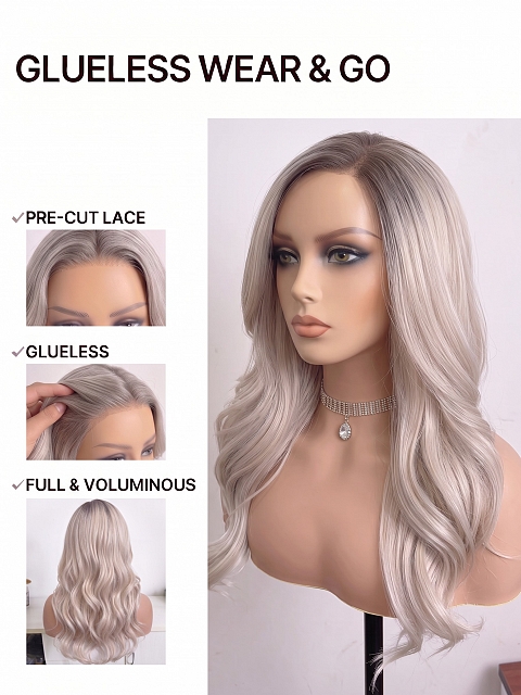Glamvigor Hybrillia Blend Human Hair Cool Platinum Blonde with Dark Roots  long layered PRE-CUT Lace Part Wig GLP074