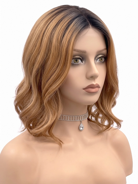 Glamvigor Hybrillia Blend Human Hair Fashion Ginger Blonde with Dark Roots Falling below the shoulders gentle wavy Lace Part Wig GLP019