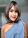 Natural soft brunette with highlights shoulder-length bob  with bangs synthetic Lace Part  wig glp038