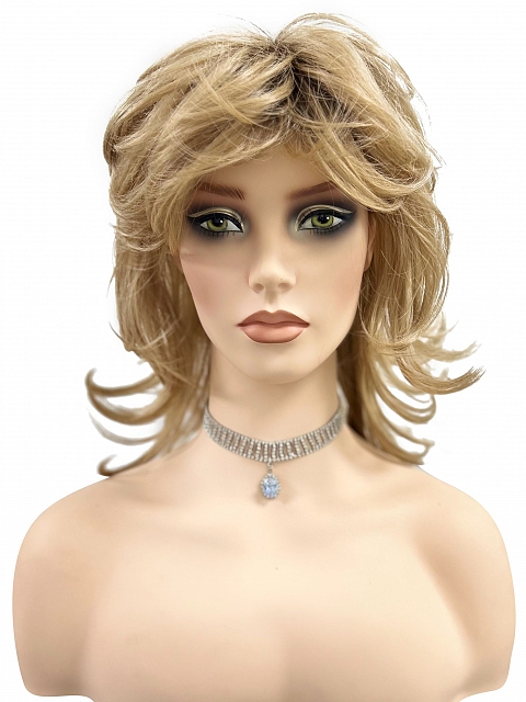 Glamvigor Hybrillia™ Blend Human Hair Dark Blonde Evenly Blended with Pale Blonde Highlights and Dark Roots mid-length shag with layered Wig (Basic Cap) GBC020