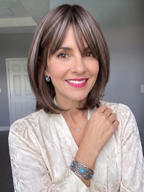 Glamvigor Hybrillia™ Blend Human Hair Natural soft brunette with highlights shoulder-length bob  with bangs Lace  wig glp038