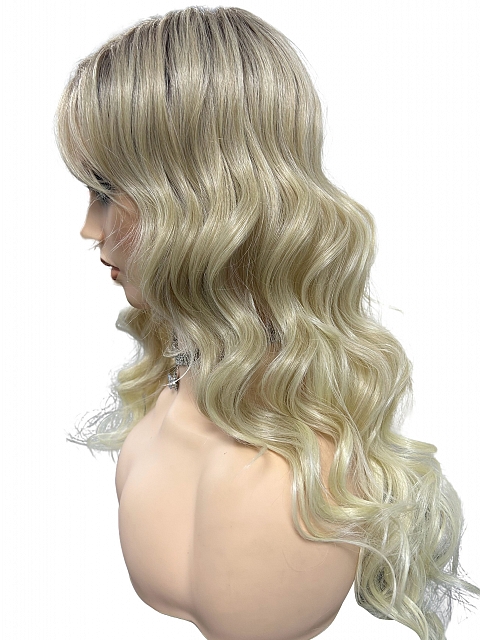 Glamvigor Hybrillia™ Blend Human Hair Milkshake Blonde ombre long layered wavy with Bangs Synthetic Wig (Basic Cap) GBC025