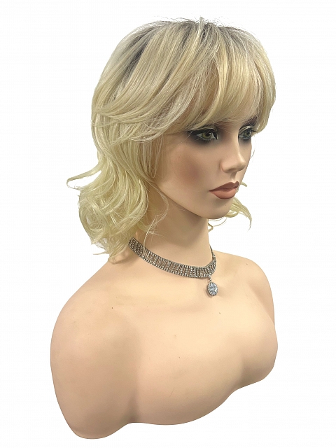 Glamvigor Hybrillia™ Blend Human Hair blonde ombre shoulder-length style with textured waves and a wispy fringe Lace Part wig GLP069