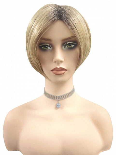 Glamvigor Hybrillia™ Blend Human Hair Light Ash Blonde Evenly Blended with Cool Platinum Blonde with Dark Roots multi-layered crop Wig (Basic Cap) GBC019