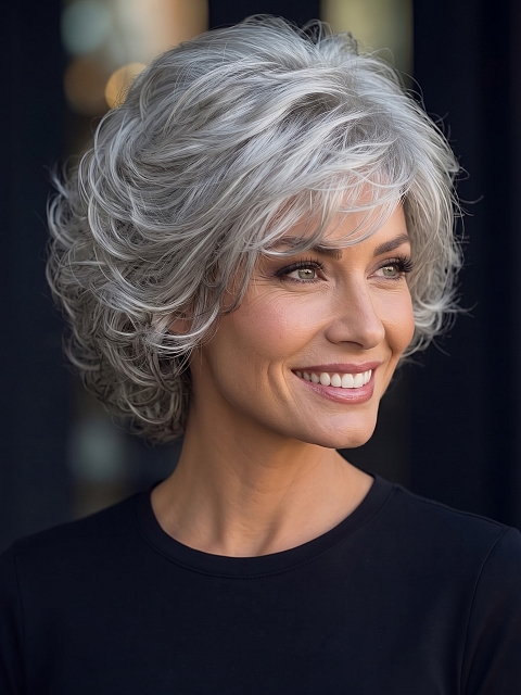 Glamvigor Hybrillia Blend Human Hair  Chic Grey Ombre short Wavy Layered Curly with bangs  Wig (Basic Cap) GBC011