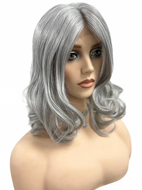 Silver grey layed wavy with side bangs  Synthetic Lace Part Wig GLP049