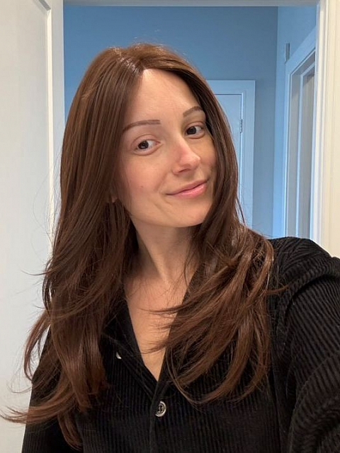 Glamvigor Hybrillia™ Blend Human Hair Soft dark brown long layered straight Lace Part Wig GLP005