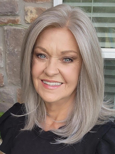 Luxury Light Brown with 75% Grey Blend with Soft White Tips shoulder length Synthetic Mono TOP Wig GMT002