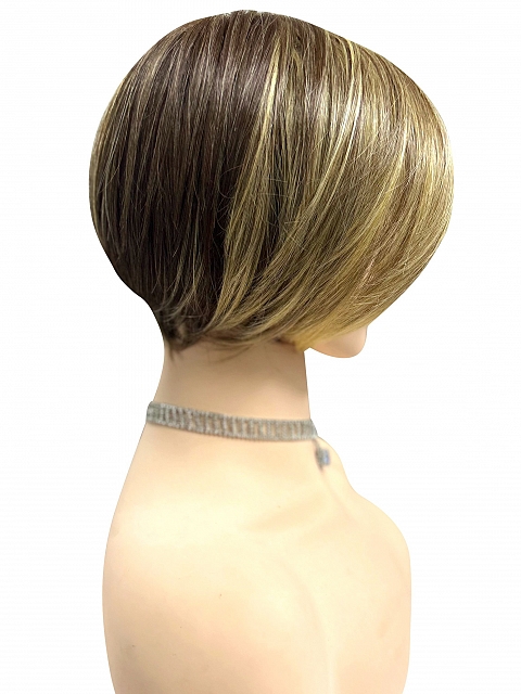 Glamvigor Hybrillia™ Blend Human Hair  Medium Light Brown Evenly Blended with Medium Golden Blonde modern bob Wig (Basic Cap) GBC015