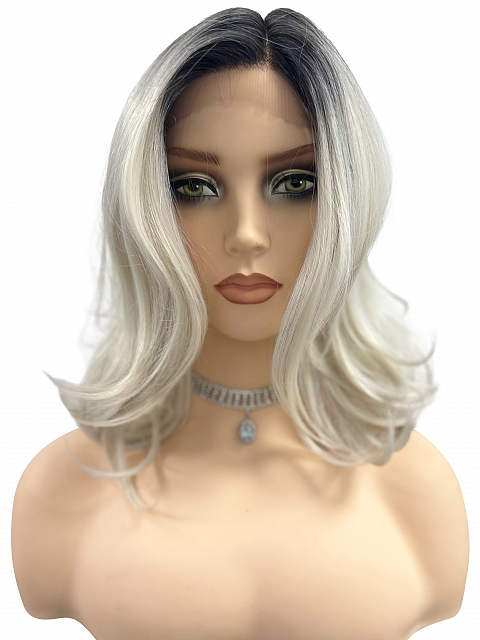 Ombre Silver White Wavy with side bangs Synthetic Lace Part Wig GLP047