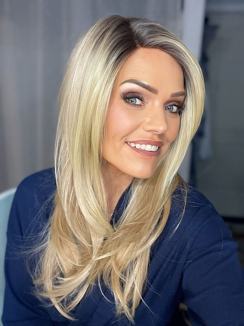 Glamvigor Hybrillia™ Blend Human Hair Trendy blonde ombre with gold highlights Straight  with side bangs Lace Part Wig GLP008