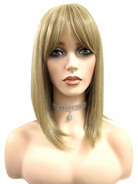 Trendy Ash Blonde mid-length with full wispy bangs Synthetic Lace Part Wig glp034