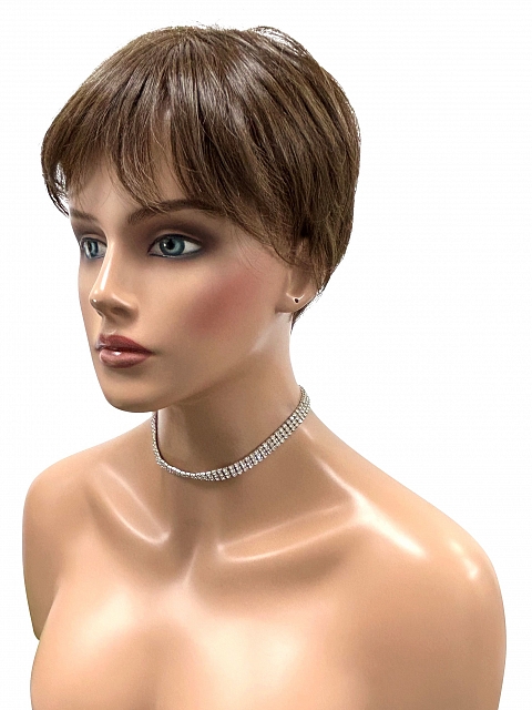 Glamvigor Hybrillia™ Blend Human Hair Classic Warm Brown Short Pixie with bangs Mono Top Wig GMT003