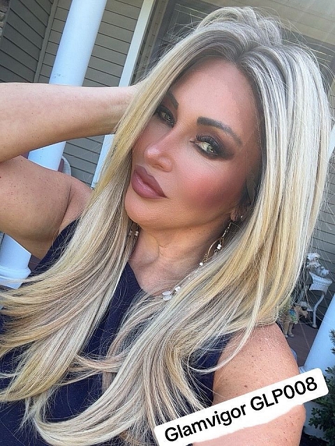 Trendy blonde ombre with gold highlights Straight  with side bangs Synthetic Lace Part Wig GLP008