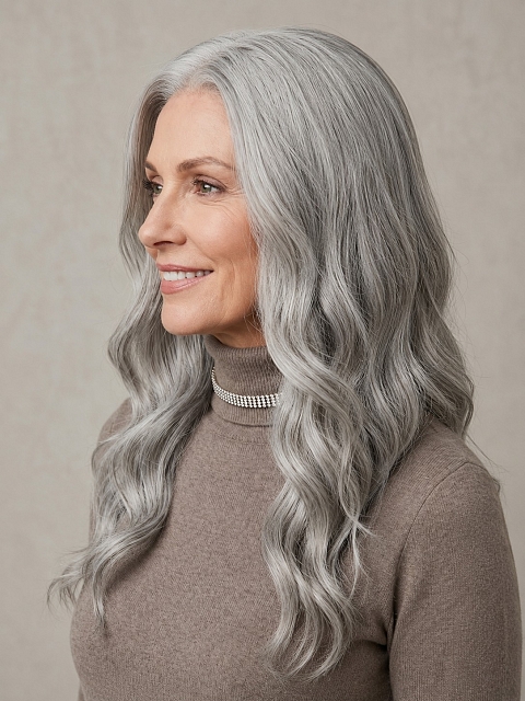 Glamvigor Hybrillia™ Blend Human Hair Exquisite grey wavy long-length  Lace Part Wig GLP013