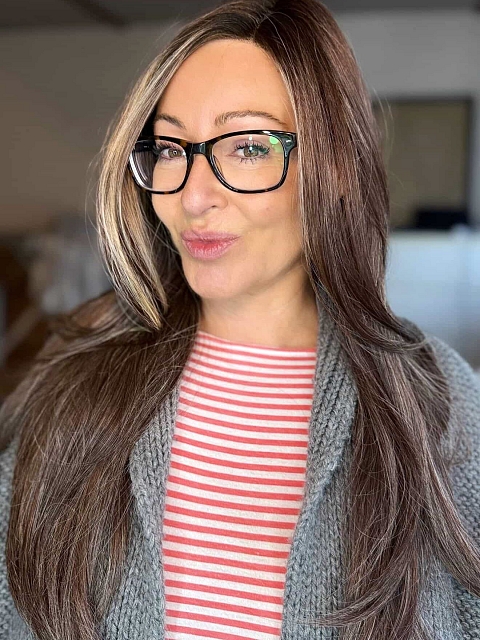 Glamvigor Hybrillia™ Blend Human Hair Beige Blonde and Auburn Blended with Medium Brown Roots  long layered glamorous  Lace SIDE Part  wig glp042