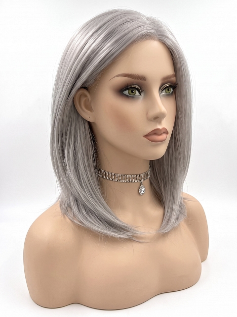 Glamvigor Hybrillia Blend Human Hair Luxury Light Brown with 75% Grey Blend with Soft White Tips shoulder length  Mono TOP Wig GMT002