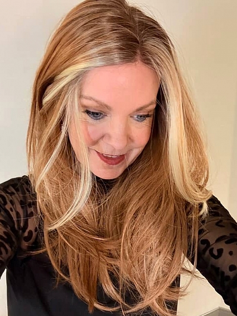 Light Red Brown Gold Blonde Highlights straight long layered   Synthetic Lace Part Wig GLP045