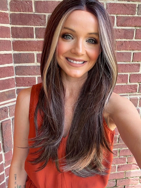 Glamvigor Hybrillia™ Blend Human Hair Beige Blonde and Auburn Blended with Medium Brown Roots long layered glamorous Lace Part wig glp042