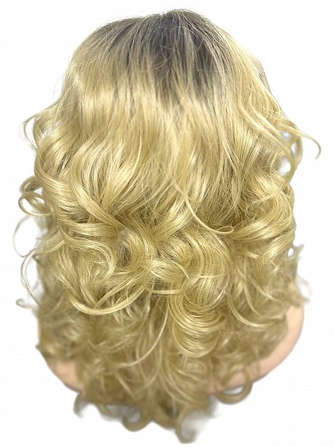 flirty Dark Blonde with Light Copper Blonde Highlights & Golden Brown Roots mid-length layered waves synthetic Lace Part  wig glp037
