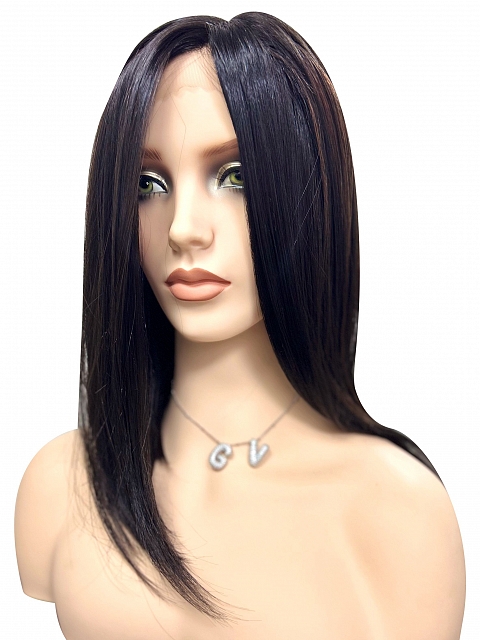 Soft Black with Gold-Red Highlights shoulder-length bob  Synthetic Lace Part Wig GLP031