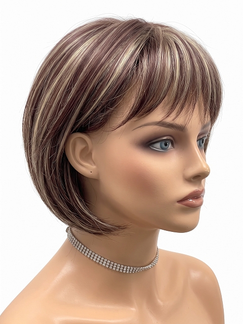 Glamvigor Hybrillia Blend Human Hair Trendy Medium Auburn  with Blonde Highlights Short  bob with bangs Wig (Basic Cap) GBC005