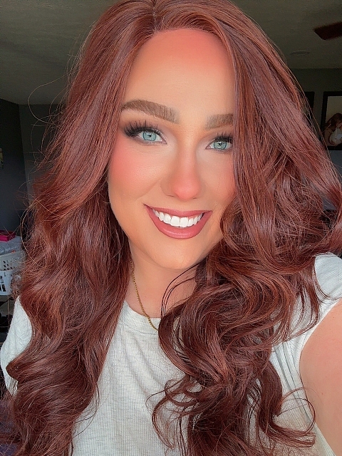 Vibrant Medium Red and Auburn blend loose wavy layered Synthetic Lace Part Wig GLP026