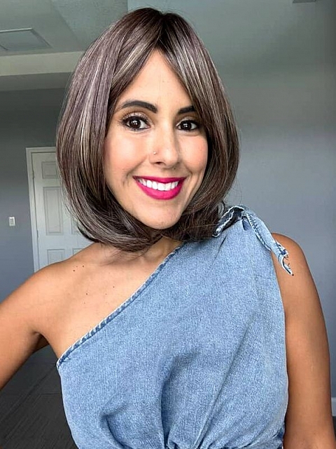 Natural soft brunette with highlights shoulder-length bob  with bangs synthetic Lace Part  wig glp038